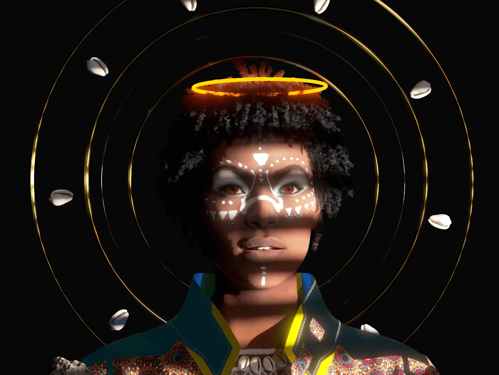 A 3D portrait with a glowing gold halo, face markings and orbiting rings