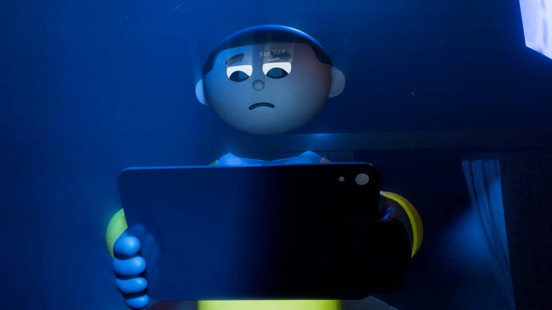 A stylised 3D character holding a tablet in a blue-lit room