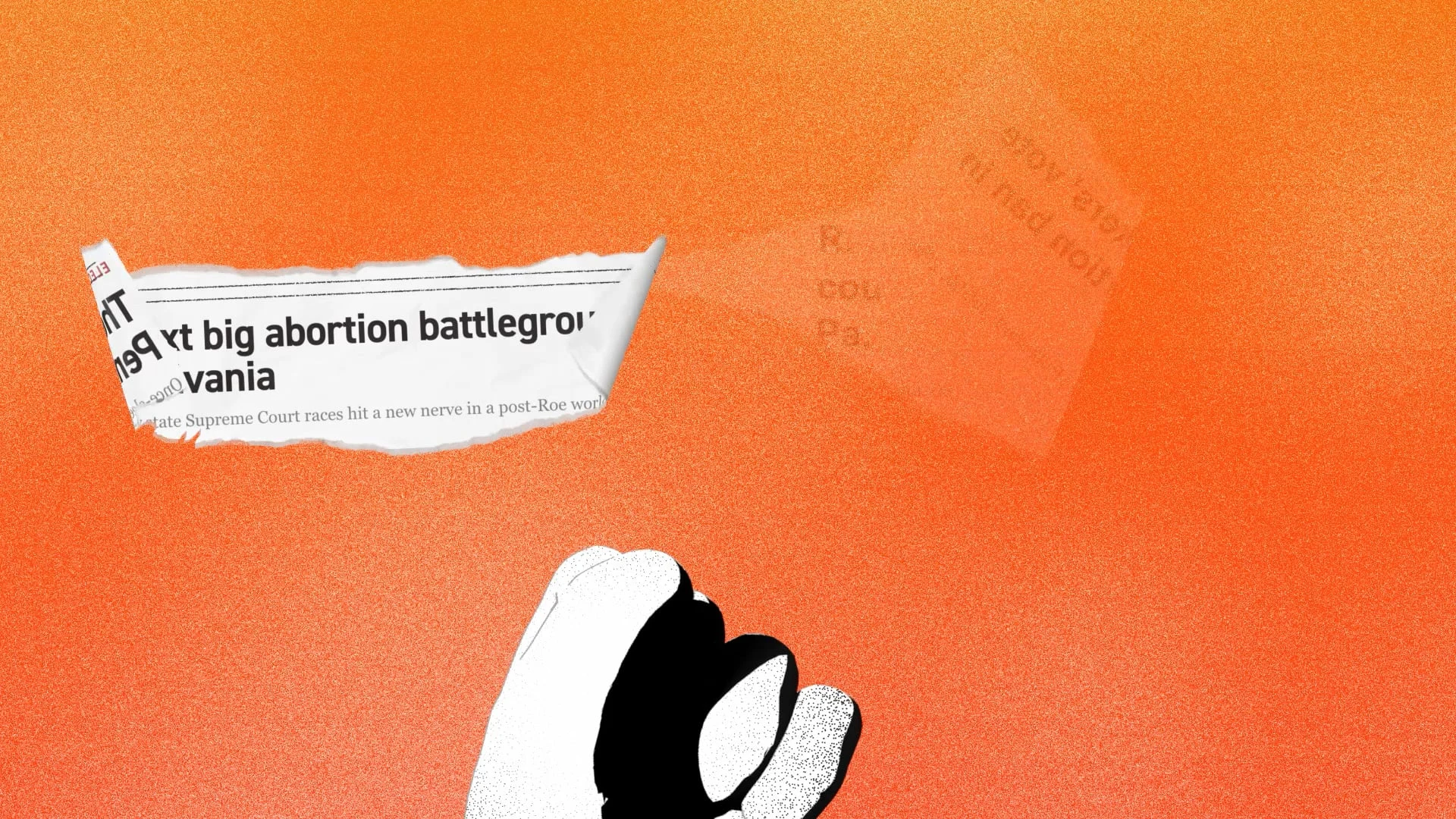 Illustrated newspaper clippings and a white glove on an orange background