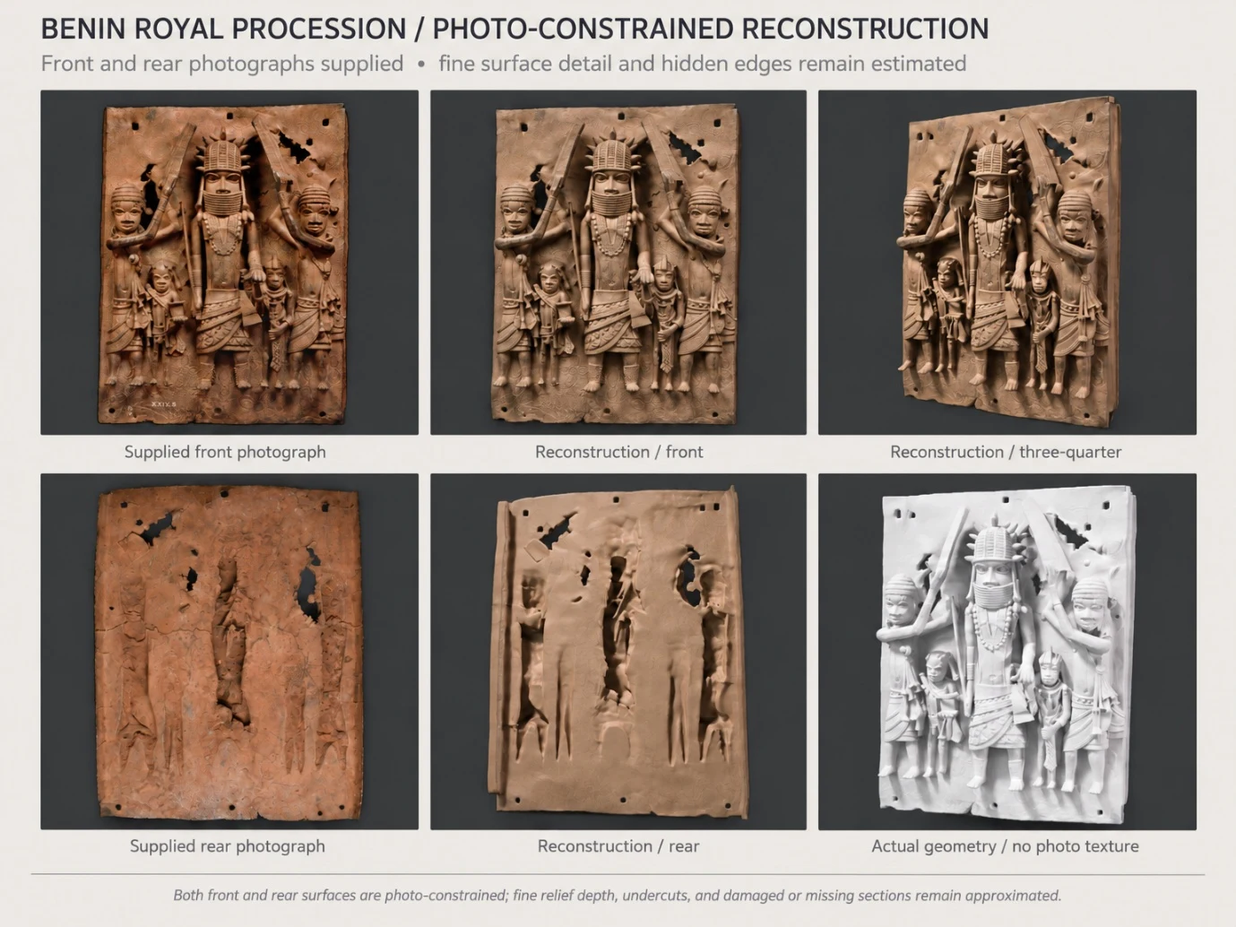 Research comparison of reconstructed views of a Benin brass plaque