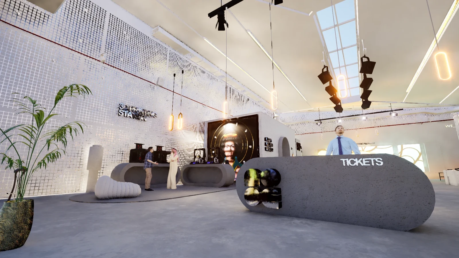 A 3D visualisation of the NODE XR gallery entrance and ticket desk