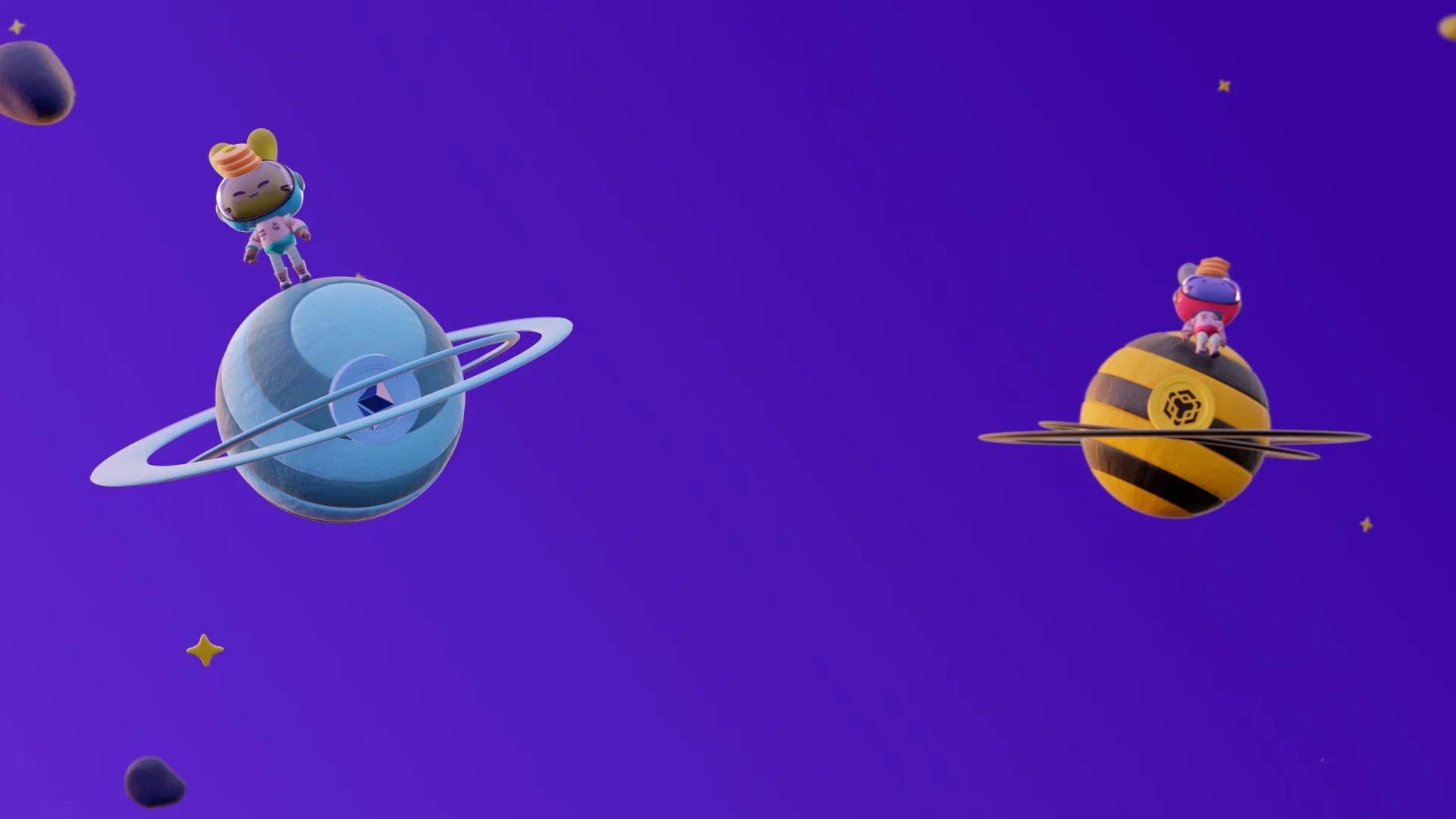 Animated PancakeSwap characters standing on colourful planets in a purple universe